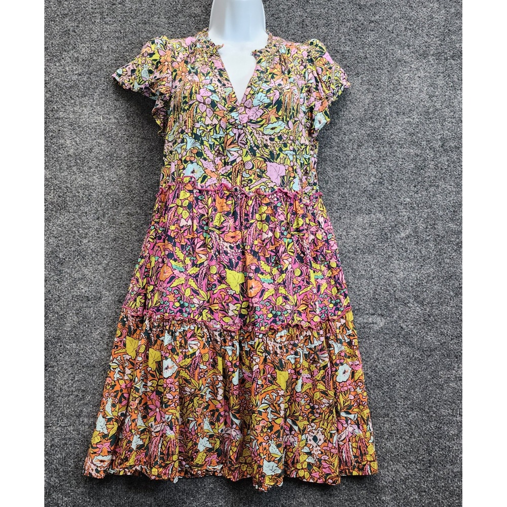 Anthropologie Women's Floral Tiered V-Neck Boho Cottagecore Mini Dress Rayon XXS